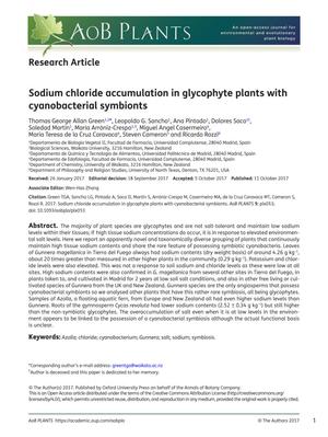 Primary view of object titled 'Sodium chloride accumulation in glycophyte plants with cyanobacterial symbionts'.