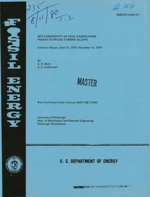 Hot corrosivity of coal gasification products on gas turbine alloys. Summary report, 15 April 1978-15 November 1979