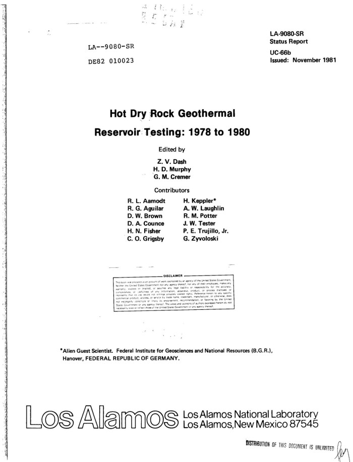 Hot Dry Rock Geothermal Reservoir Testing 1978 To 1980 Unt Digital Library