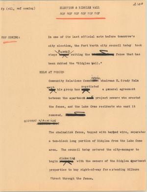 Primary view of object titled '[News Script: Election & Ridglea wall]'.