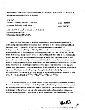 Deformed ODD-ODD nuclei: Matrix elements for the residual n-p interaction and patterns of alternating perturbations in level spacings