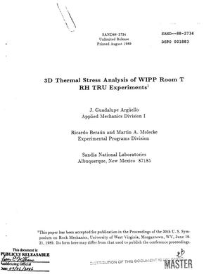 3D thermal stress analysis of WIPP (Waste Isolation Pilot Plant) Room T RH TRU (Remote Handled Transuranic) experiments