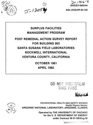 Post remedial action survey report for Building 003, Santa Susana Field Laboratories, Rockwell International, Ventura County, California, October 1981; April 1982. Surplus Facilities Management Program