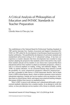 Primary view of object titled 'A Critical Analysis of Philosophies of Education and INTASC Standards in Teacher Preparation'.