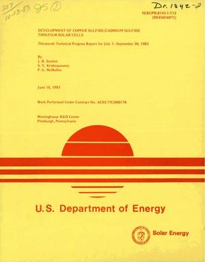 Development of copper sulfide/cadmium sulfide thin-film solar cells. Thirteenth technical progress report, July 1, 1982-September 30, 1982