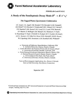 Primary view of object titled 'A Study of the Semileptonic Decay Mode D/Sup 0/. -->. K/Sup -/E/Sup +/Nu/Sub E/'.