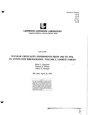 Nuclear criticality experiments from 1943 to 1978: an annotated bibliography. Volume 2. Lookup tables