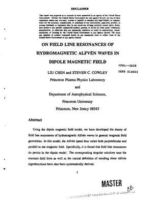 On field line resonances of hydromagnetic Alfven waves in dipole magnetic field