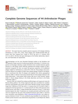 Primary view of object titled 'Complete Genome Sequences of 44 Arthrobacter Phages'.