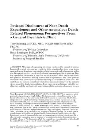 Primary view of object titled 'Patients' Disclosures of Near-Death Experiences and other Anomalous Death-Related Phenomena: Perspective From a General Psychiatric Clinic'.