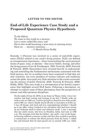 Primary view of object titled 'Letter to the Editor: End-of-Life Experience Case Study and a Proposed Quantum Physics'.