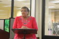 Primary view of [Judy Janzen giving administrator report at CSLA meeting]