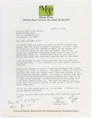 [Letter from Miriam Irwin to the Dawsons, March 21, 1981]