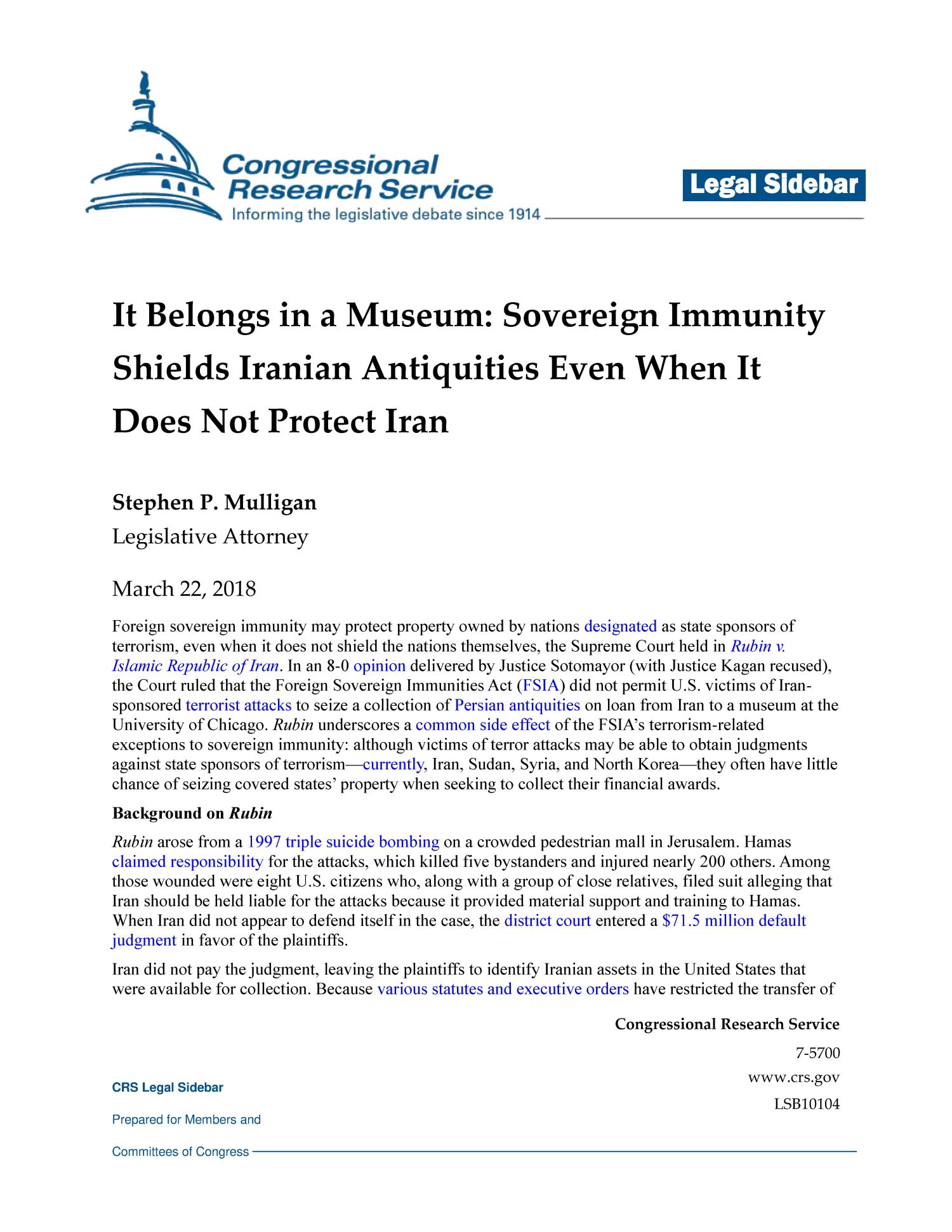 It Belongs in a Museum: Sovereign Immunity Shields Iranian Antiquities Even When It Does Not Protect Iran
                                                
                                                    [Sequence #]: 1 of 3
                                                