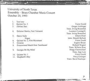 Primary view of object titled '[Ensemble Concert Playlist:  Brass Chamber Music Concert, October 20, 1993]'.