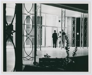 [NTSU music building courtyard at night, 1960s]