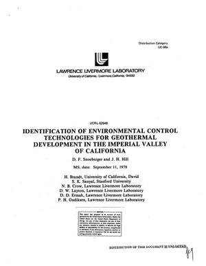 Identification of environmental control technologies for geothermal development in the Imperial Valley of California