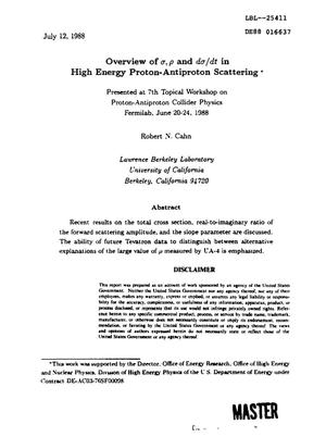 Overview of sigma, /rho/ and dsigma/dt in high energy proton-antiproton scattering