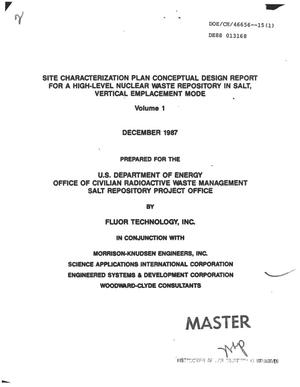 Site characterization plan conceptual design report for a high-level nuclear waste repository in salt, vertical emplacement mode: Volume 1