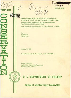 Demonstration of the potential for energy conservation in two Midwestern pork processing plants. Final report, December 15, 1977-December 31, 1980