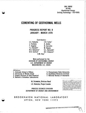 Cementing of geothermal wells. Progress report No. 8, January--March 1978
