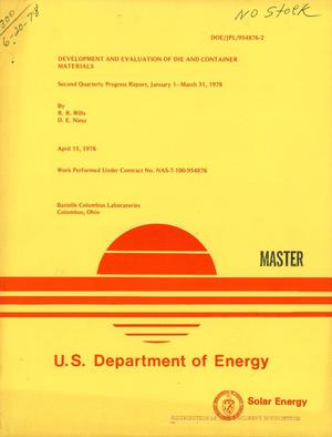 Development and evaluation of die and container materials. Second quarterly progress report, January 1--March 31, 1978. [For molten silicon]