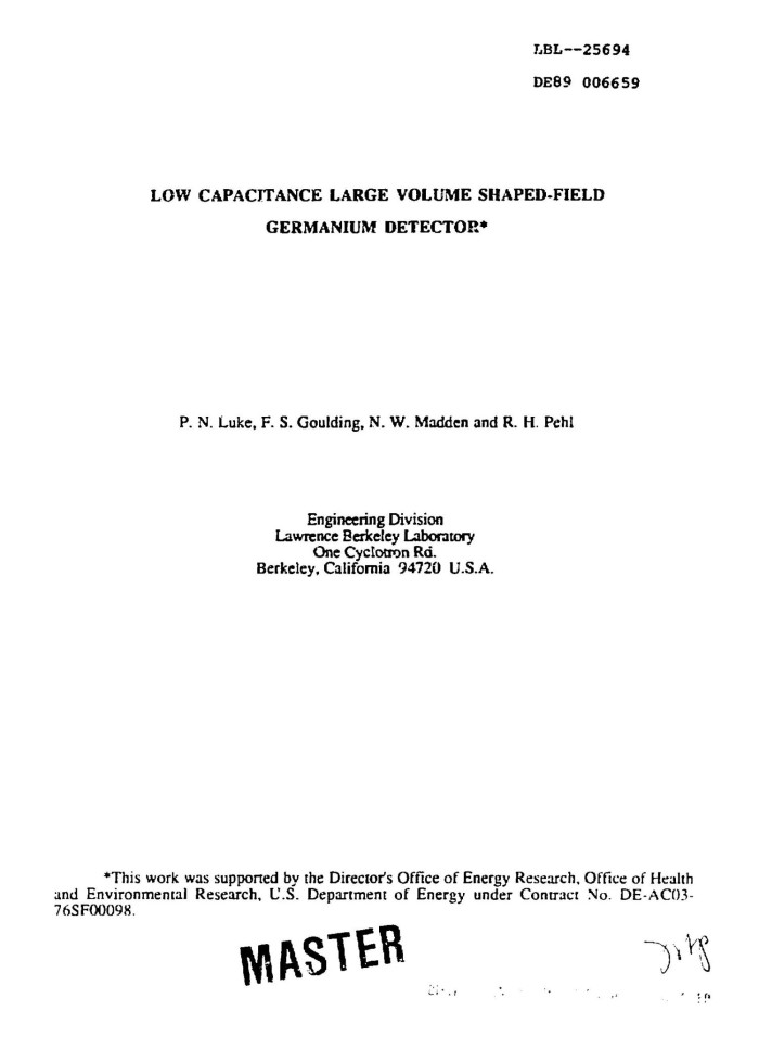 Low Capacitance Large Volume Shaped Field Germanium Detector Unt Digital Library