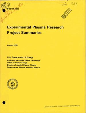 Experimental plasma research project summaries