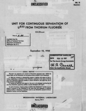 Unit for Continuous Separation of U233 From Thorium Fluoride