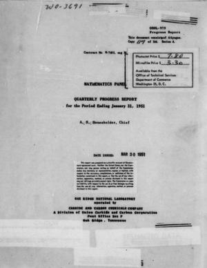 Primary view of object titled 'Mathematics Panel Quarterly Progress Report for the Period Ending January 31, 1951'.