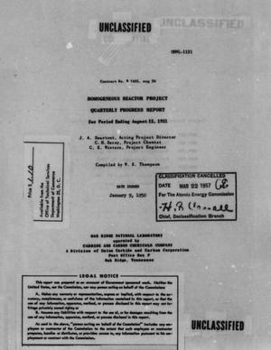 Homogeneous Reactor Project Quarterly Progress Report for Period Ending August 15, 1951
