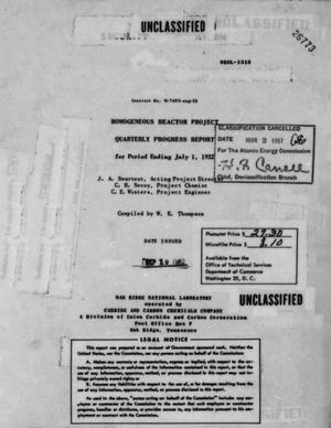 Homogeneous Reactor Project Quarterly Progress Report: July 1952