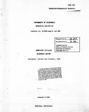 Chemistry Division Quarterly Report:  September, October and November, 1948