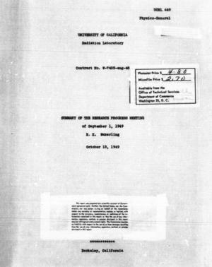 Summary of the Research Progress Meeting of September 1, 1949