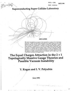 The equal charges attraction in the 2 + 1 topologically massive gauge theories and possible vacuum instability