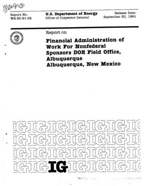 Financial administration of work for nonfederal sponsors, DOE Field Office (AL), Albuquerque, New Mexico