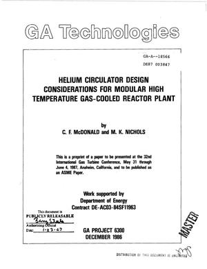 Helium circulator design considerations for modular high temperature gas-cooled reactor plant