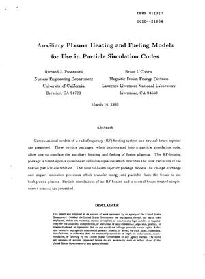Auxiliary plasma heating and fueling models for use in particle simulation codes