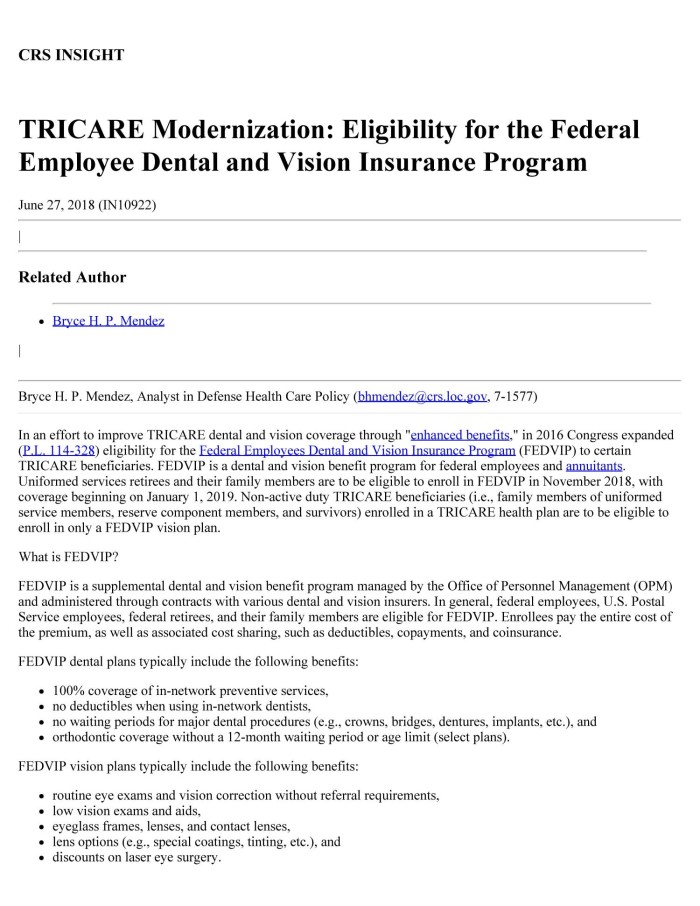 Tricare Modernization Eligibility For The Federal Employee Dental And Vision Insurance Program Unt Digital Library