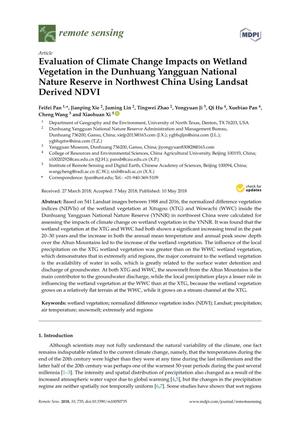 Primary view of object titled 'Evaluation of Climate Change Impacts on Wetland Vegetation in the Dunhuang Yangguan National Nature Reserve in Northwest China Using Landsat Derived NDVI'.