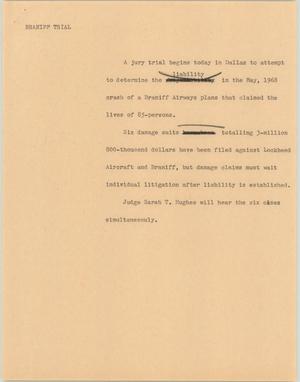 Primary view of object titled '[News Script: Braniff trial]'.