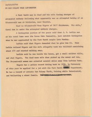 Primary view of object titled '[News Script: FW man killed near Livingston]'.