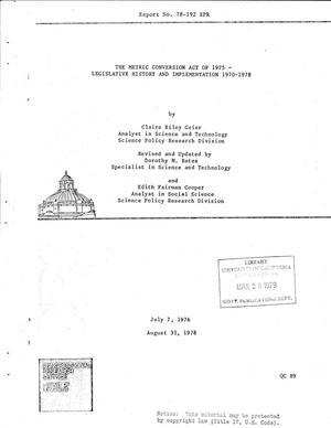 The Metric Conversion Act of 1975: Legislative History And Implementation 1970-1978