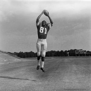 [Football player #81 jumping to catch a football framed by a stadium field]