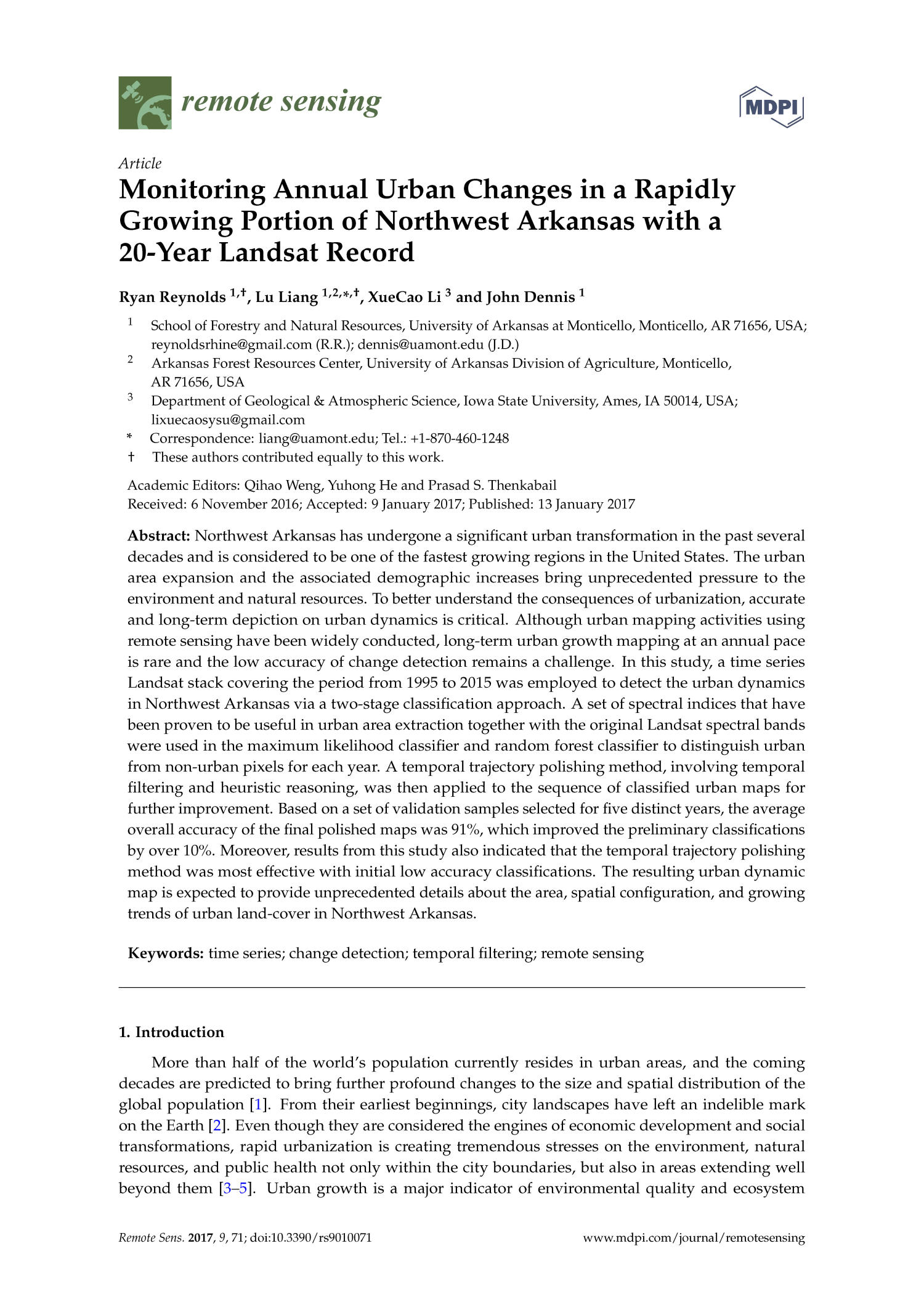 Monitoring Annual Urban Changes in a Rapidly Growing Portion of Northwest Arkansas with a 20-Year Landsat Record
                                                
                                                    1
                                                