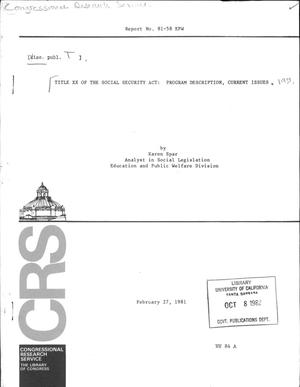 Primary view of object titled 'Title XX of the Social Security Act: Program Description, Current Issues'.