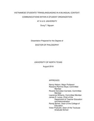 Primary view of object titled 'Vietnamese Students' Translanguaging in a Bilingual Context: Communications within a Student Organization at a US University'.