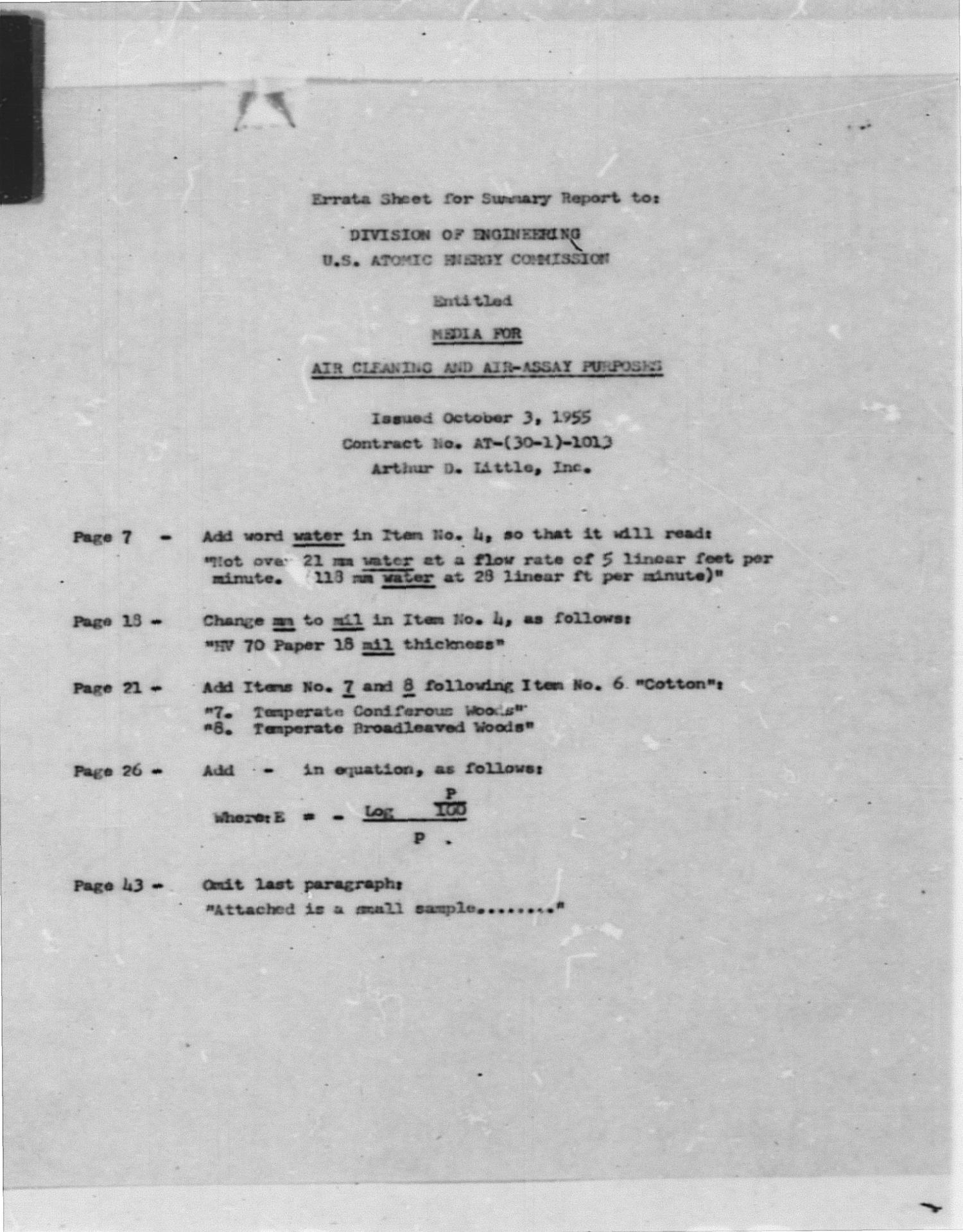 Media for Air Cleaning and Air-Assay Purposes : Final Summary Report for Period Ending December 31, 1954
                                                
                                                    Title Page
                                                