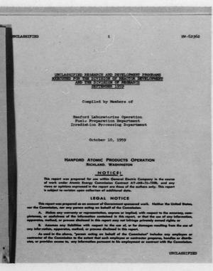 Unclassified Research and Development Programs Executed for the Division of Reactor Development and the Division of Research September 1959