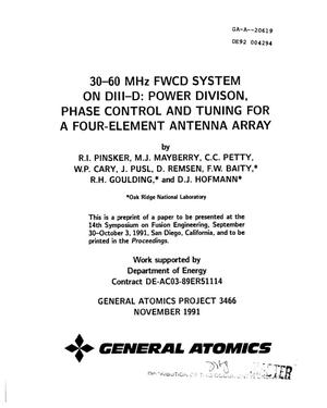 30-60 MHz FWCD system on DIII-D: Power division, phase control and tuning for a four-element antenna array